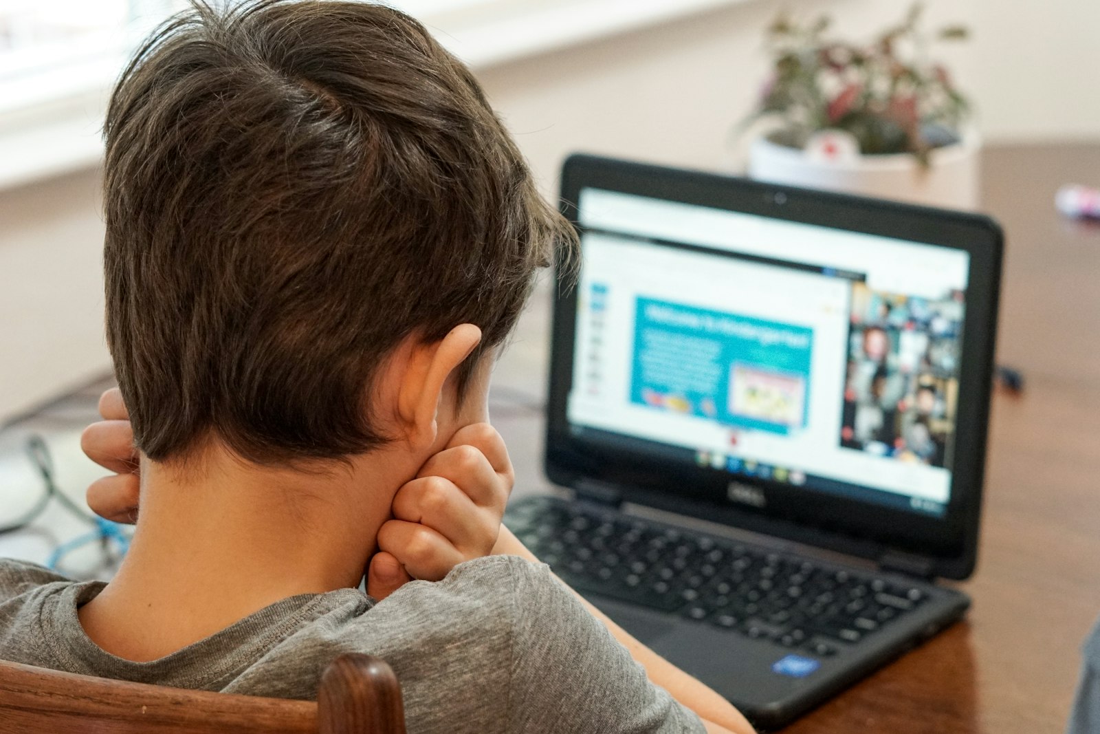 A kid alone at a laptop in a remote class